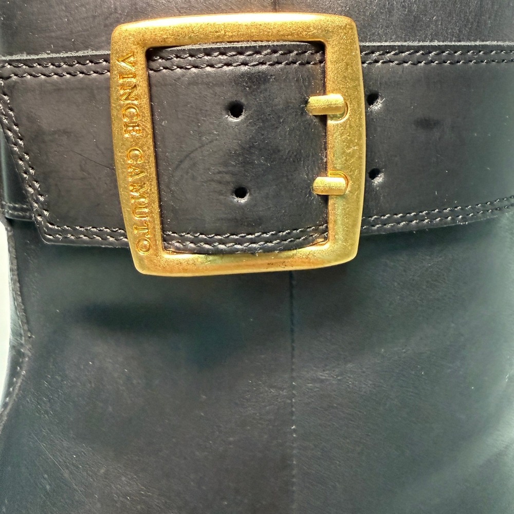Vince Camuto Black Leather Moto Ankle Boots Gold Buckle Block‎ Heel Square Toe - Picture 6 of 15